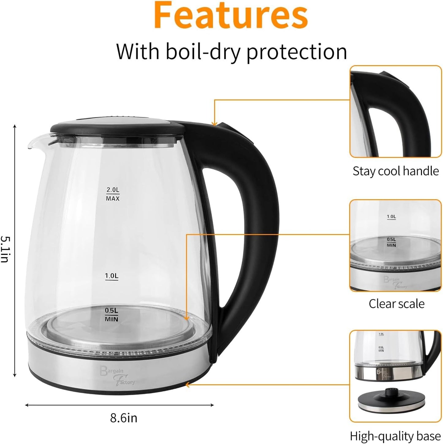 Electric Glass Kettle – 2L Fast Boil, Bpa-Free with Blue LED & Boil-Dry Protection