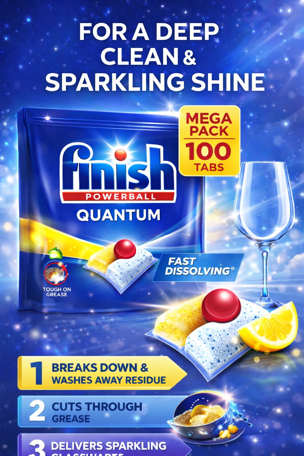 Finish Quantum Lemon Dishwasher Tablets 100 Pack – Powerful Grease Cleaning Dishwashing Tabs – Infinity Shine Formula