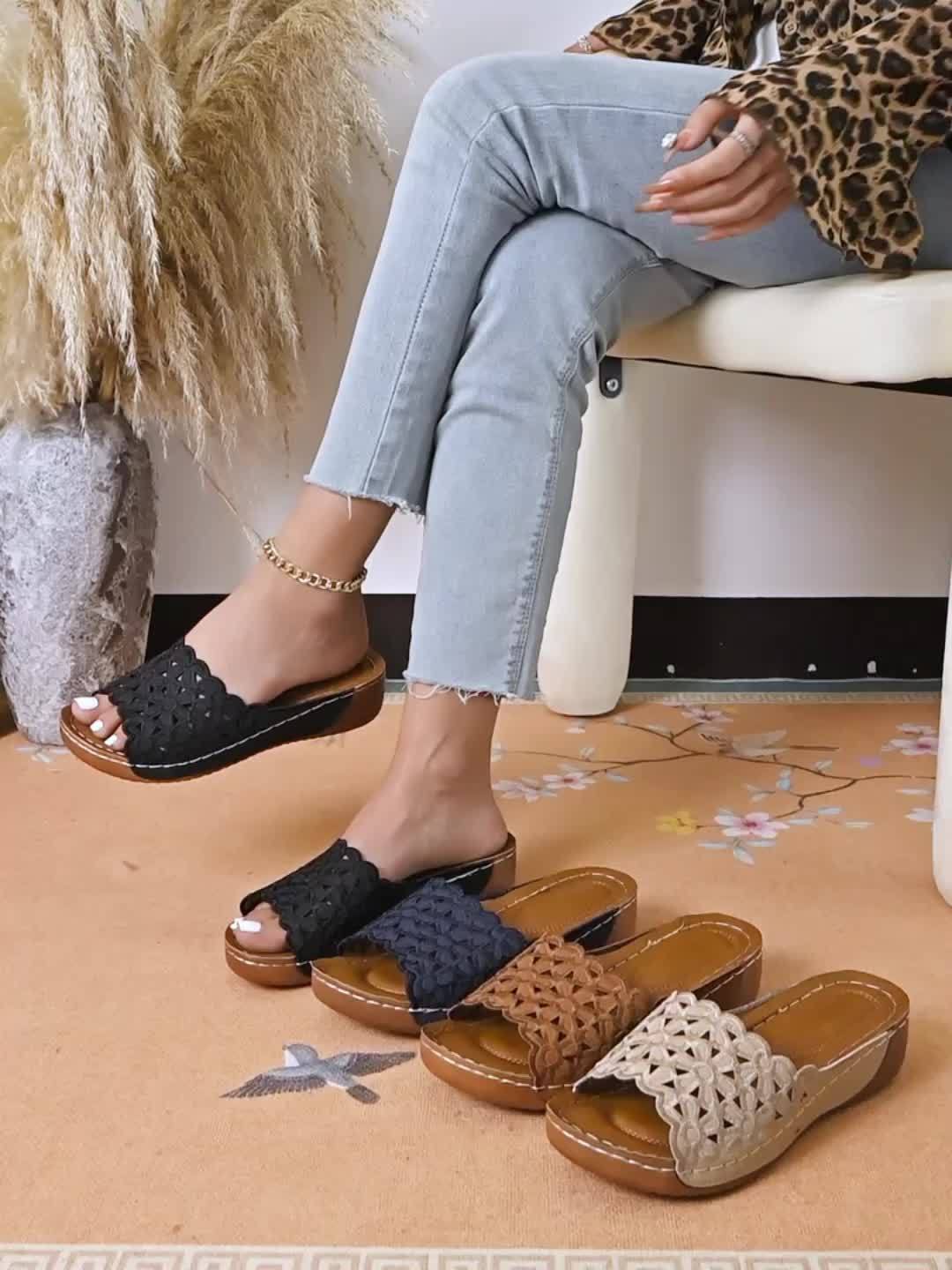 Ladies' Wedge Embroidered Sandals, Stylish And Casual Slip-On Shoes., Women Shoes