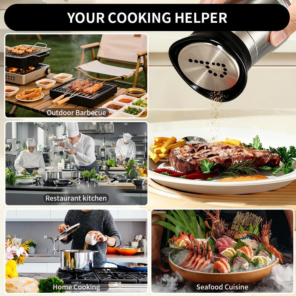 4-piece set (2 bottles + 2 caps) of adorable glass salt and pepper shakers. 4 oz (approx. 113.4g) glass salt and pepper shakers with stainless steel caps, suitable for kitchen dining tables, RVs, camping, and BBQs. Condiment