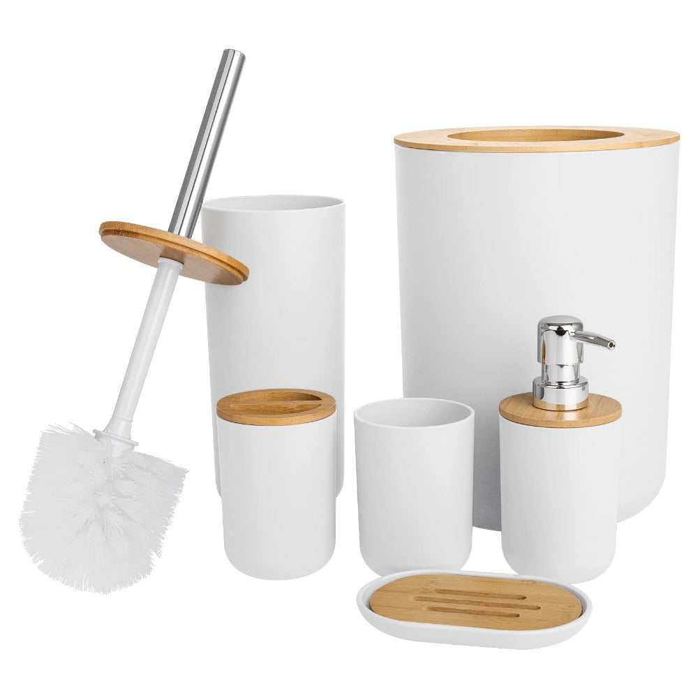 6pcs Bamboo Bathroom Accessories set, Luxury Bathroom Accessory Set Bathroom Bin And Toilet Brush Set Toothbrush Holder Tumbler Soap Dish Trash Can Soap Dispenser Bath Set Gift