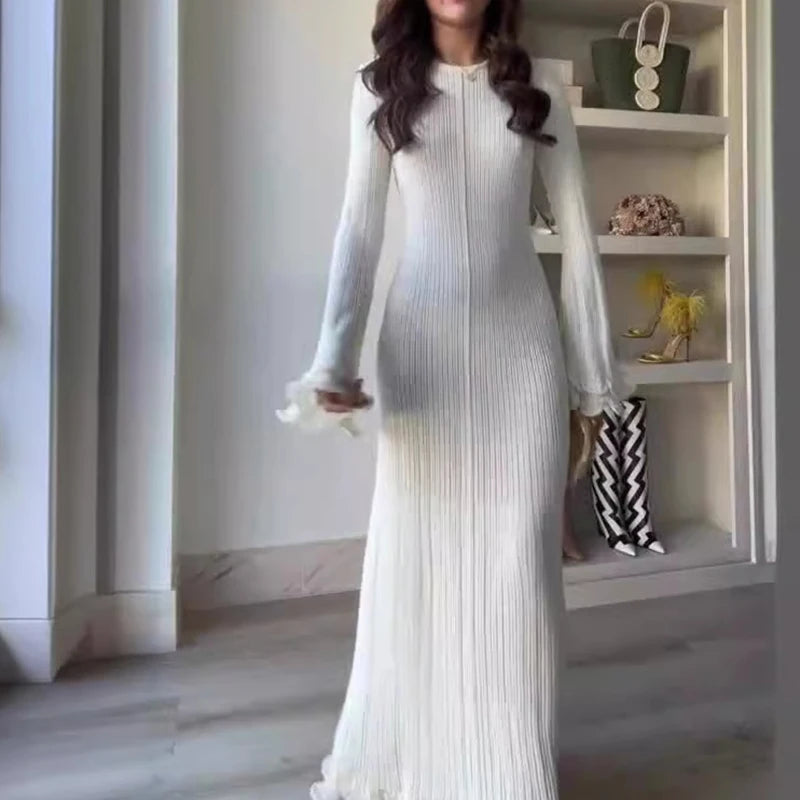 Ruffles Pleated Loose Long Dress Women Autumn Winter Fashion