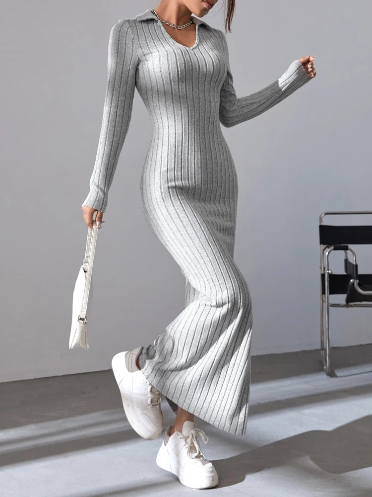 Women’s Sexy Knit V-Neck Reverse Neck Split Dress - Autumn/Winter Collection