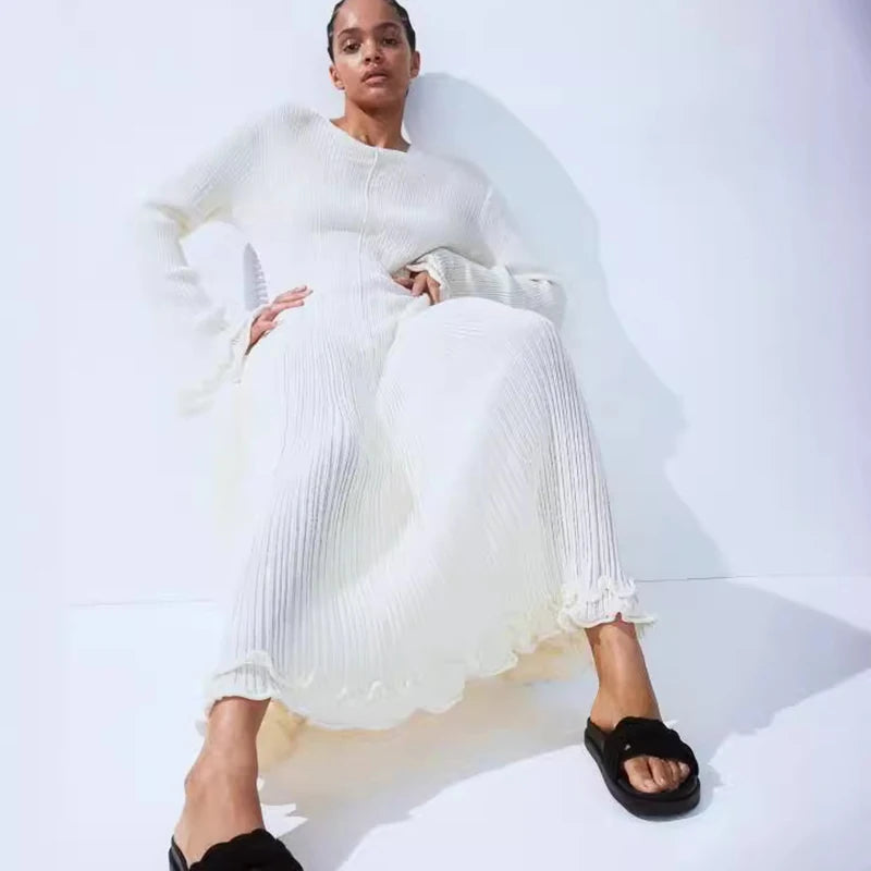 Ruffles Pleated Loose Long Dress Women Autumn Winter Fashion
