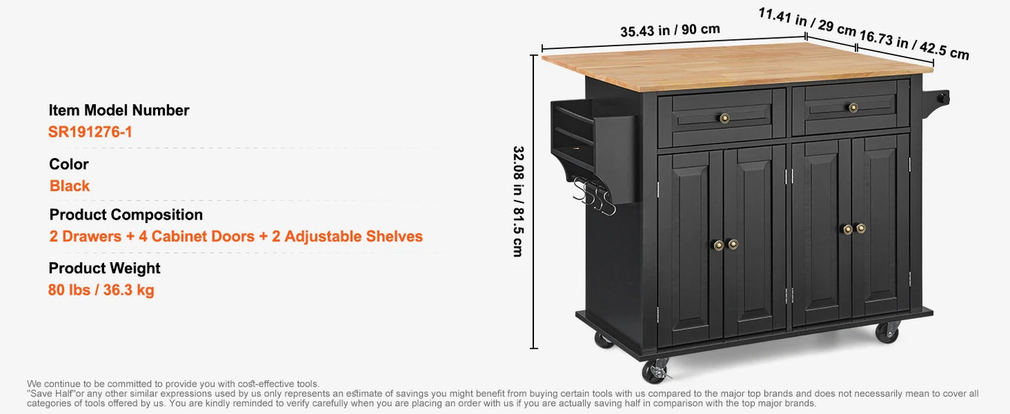 SucceBuy 43" Kitchen Island Cart Wood Top Mobile Carts with Storage Cabinet Rolling Table with Drop Leaf Spice Rack Towel Bar