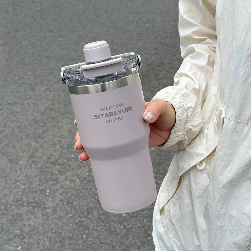 1pc Magnetic Suction Lid Double-layer Vacuum Insulated Water Bottle 600ml/900ml Wide Handle Portable Outdoorulation Drinkware