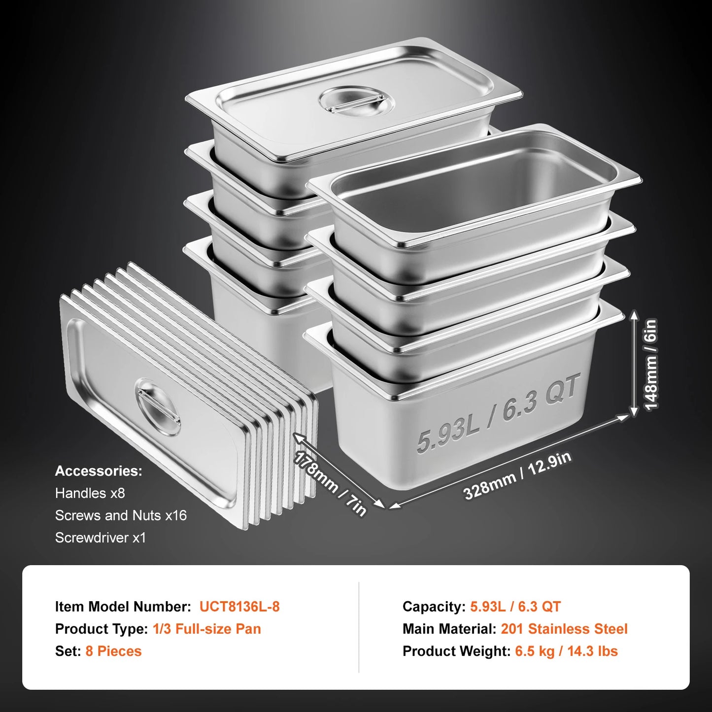 SucceBuy 6/8Pack Hotel Pans 4/6-Inch Deep Steam Table Pans 1/6 1/3 Full Size Chafing Pan 201 Stainless Steel Catering Food Pan