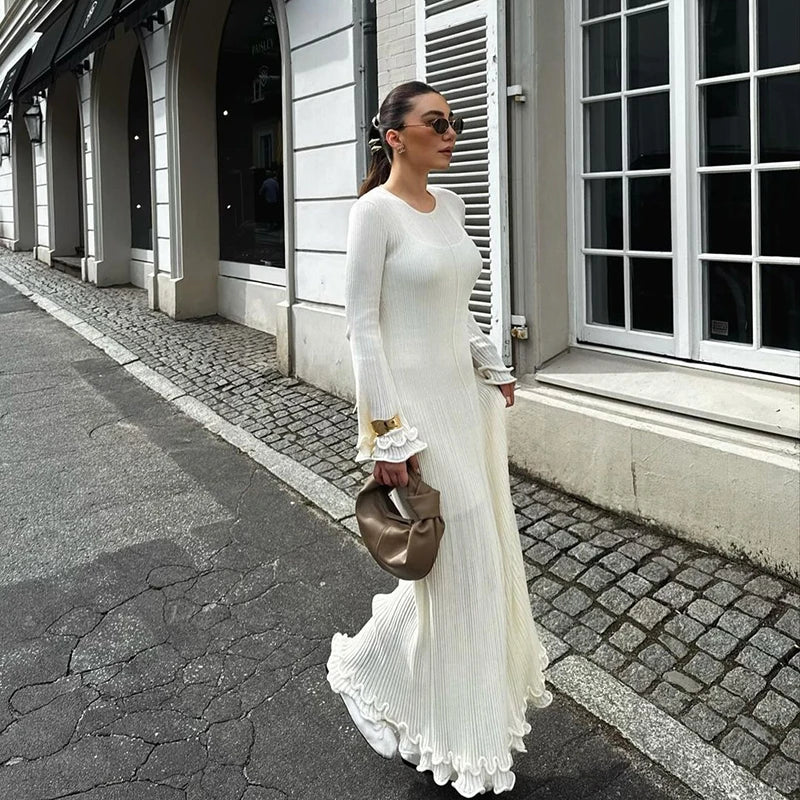 Ruffles Pleated Loose Long Dress Women Autumn Winter Fashion