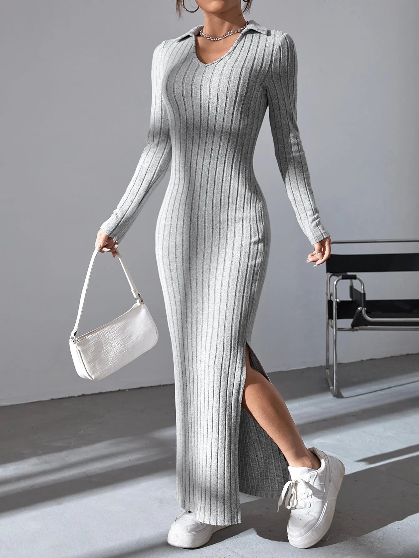 Women’s Sexy Knit V-Neck Reverse Neck Split Dress - Autumn/Winter Collection