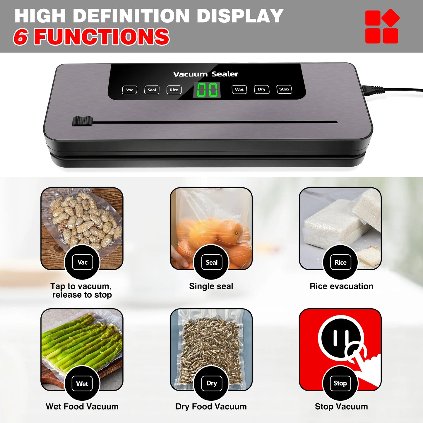 Vacuum Sealer,Automatic Food Vacuum Sealer,5 modes,with 10 sealing pockets and built-in cutter for sealing of wet and dry food