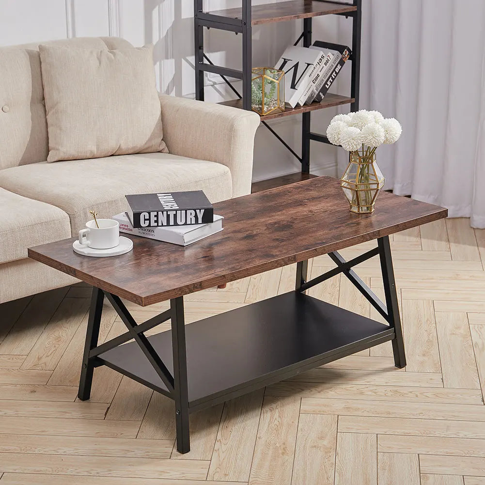 【Breeins】2 Tier Industrial Style Coffee Table with Storage Shelf Rustic Wood with Metal Legs