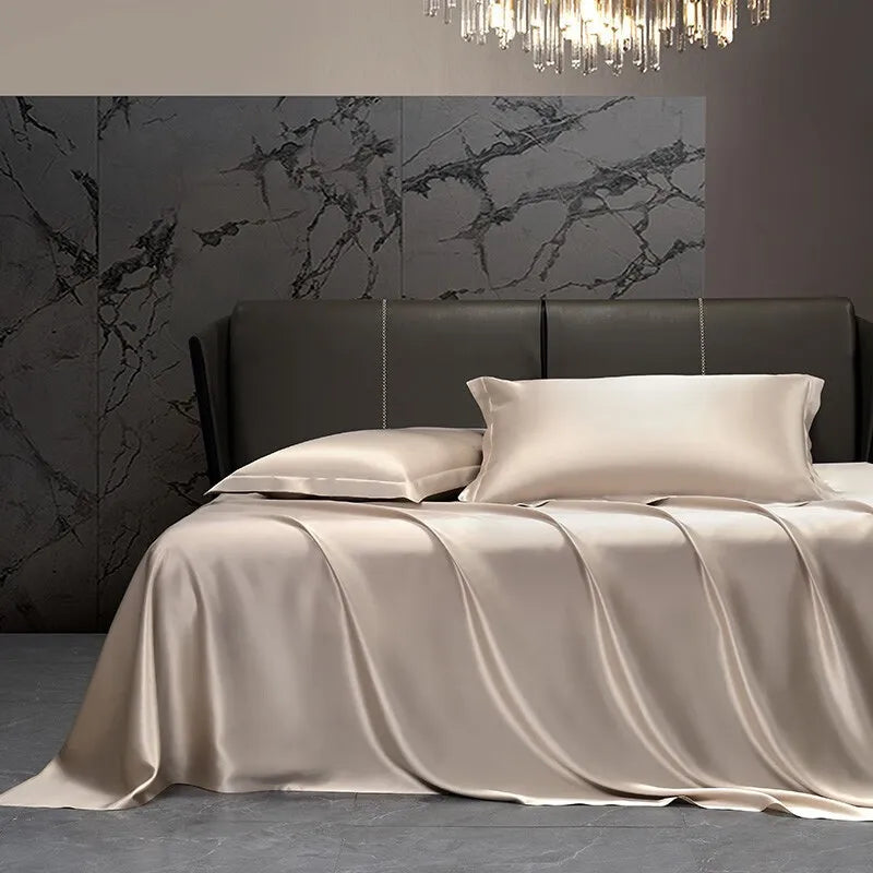 Solid 4pcs Silk Bedding Set with Duvet Cover Fitted/Flat Bed Sheet Pillowcase Bedspreads and Coverlets Single Double Bedsheet