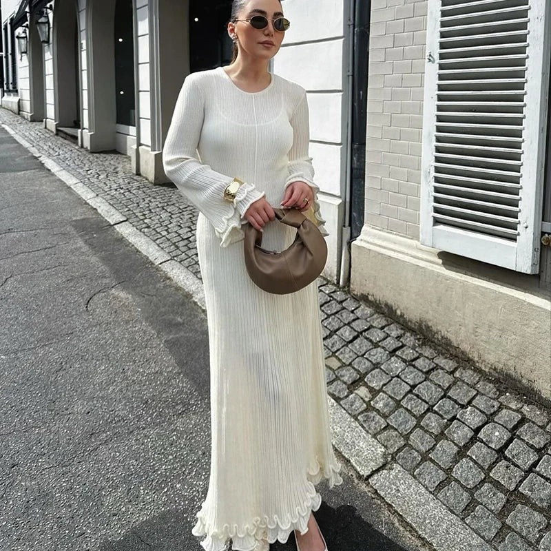 Ruffles Pleated Loose Long Dress Women Autumn Winter Fashion