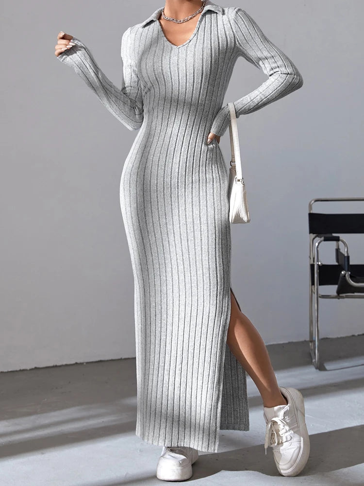 Women’s Sexy Knit V-Neck Reverse Neck Split Dress - Autumn/Winter Collection