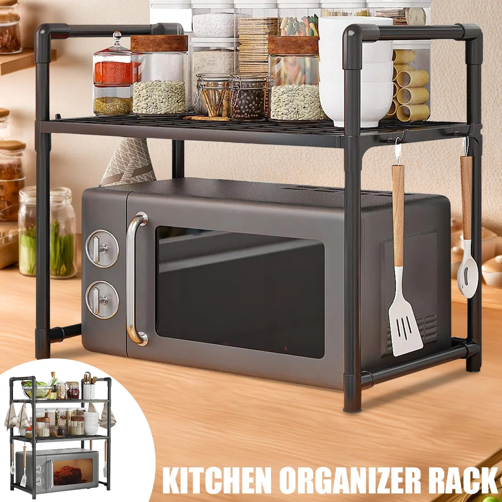 Sturdy Multi-Tier Kitchen Storage Rack with Handles, Durable Organizer with Side Hooks, Metal Frame Rack, Modern Kitchen Rack