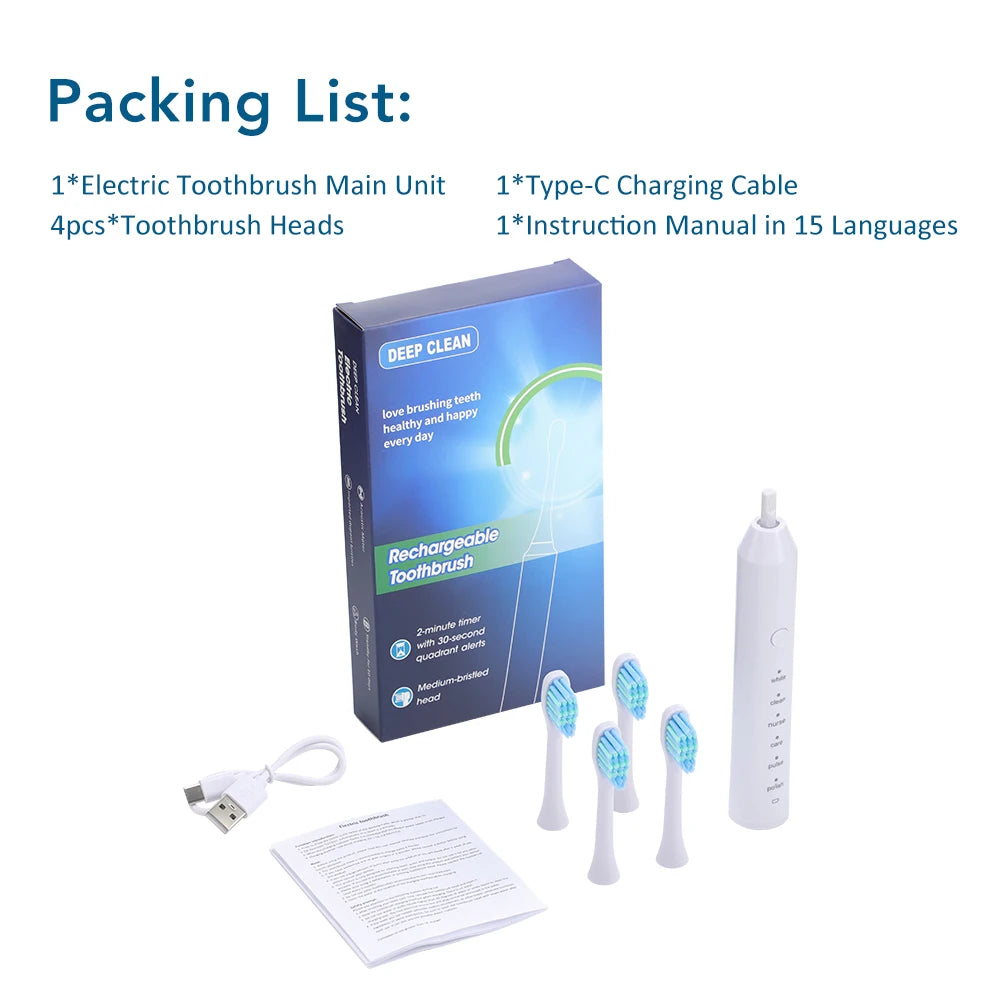 Sonic Electric Toothbrush Smart Ultrasonic Dental Teeth Whitening Rechargeable Adult Tooth Brush With 6 Modes and 4 Brush Heads