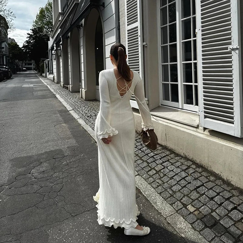 Ruffles Pleated Loose Long Dress Women Autumn Winter Fashion