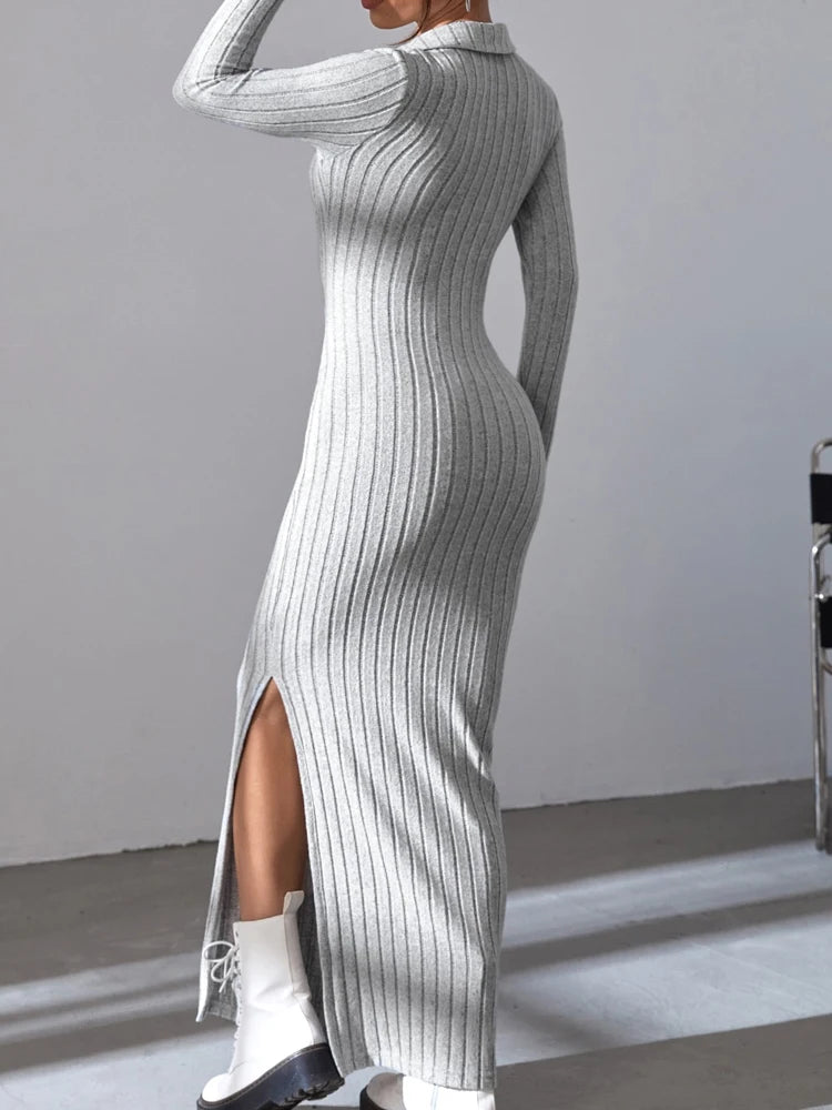 Women’s Sexy Knit V-Neck Reverse Neck Split Dress - Autumn/Winter Collection