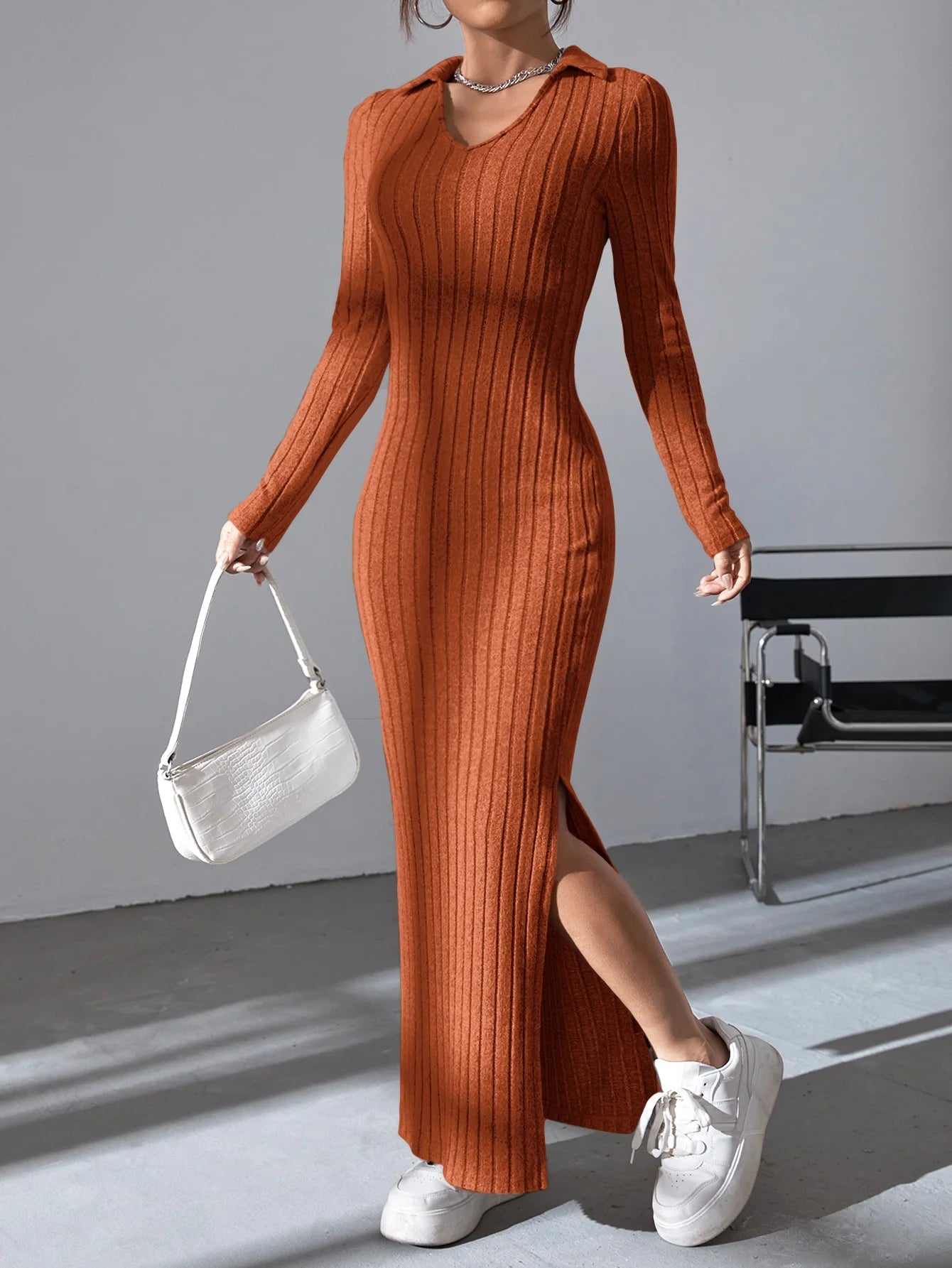 Women’s Sexy Knit V-Neck Reverse Neck Split Dress - Autumn/Winter Collection