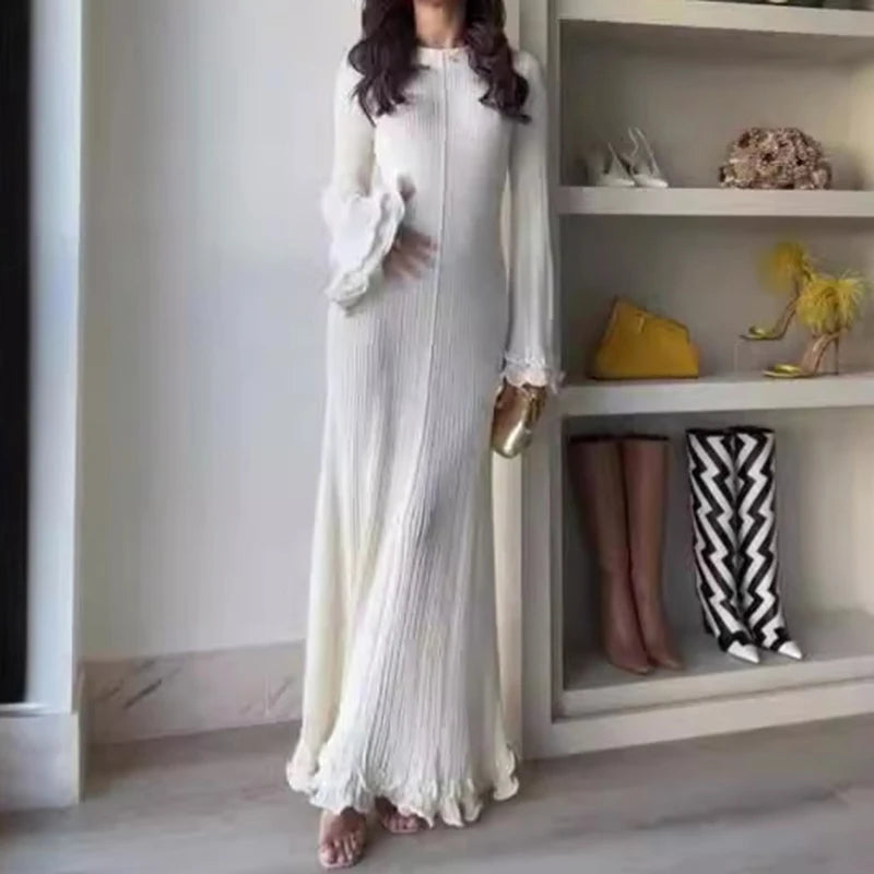 Ruffles Pleated Loose Long Dress Women Autumn Winter Fashion