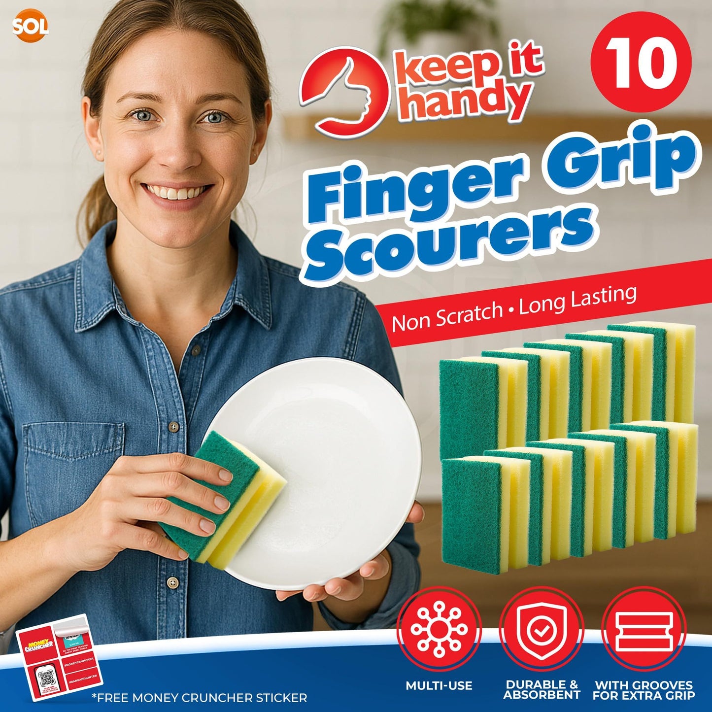 10 Pack Kitchen Scourers with Finger Grip | Heavy Duty Non-Scratch Sponges for Washing Up | Durable & Absorbent Dishwashing Sponges | Ergonomic Grip Cleaning Pads for Pots, Pans, Dishes & Household Surfaces