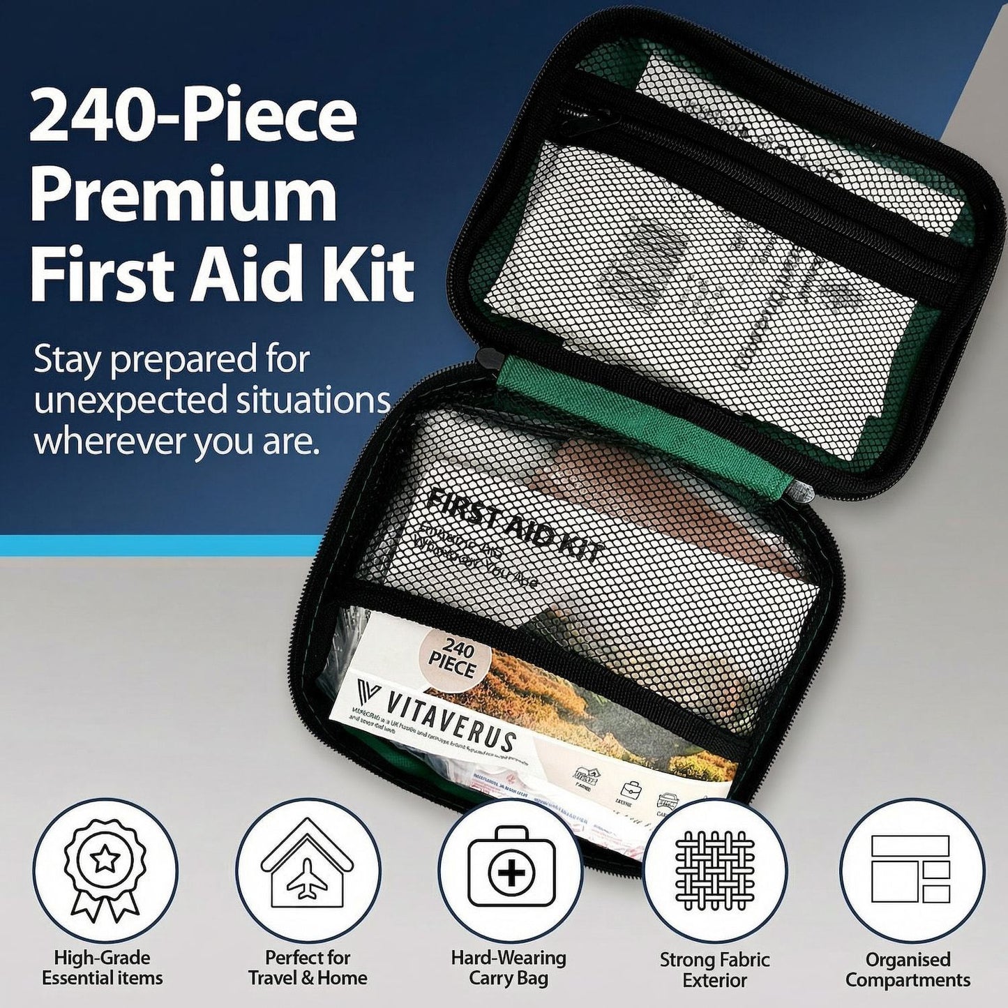 240 Piece Premium First Aid Kit Bag - Includes Eyecare, 2 x Cold (Ice) Packs, Plasters, Bandages, Wound Dressing Pads, Prep Pads, Eye Wash, Eye Pads, Burn Gel and Emergency Blanket for Home, Office, Car, Caravan, Workplace, T