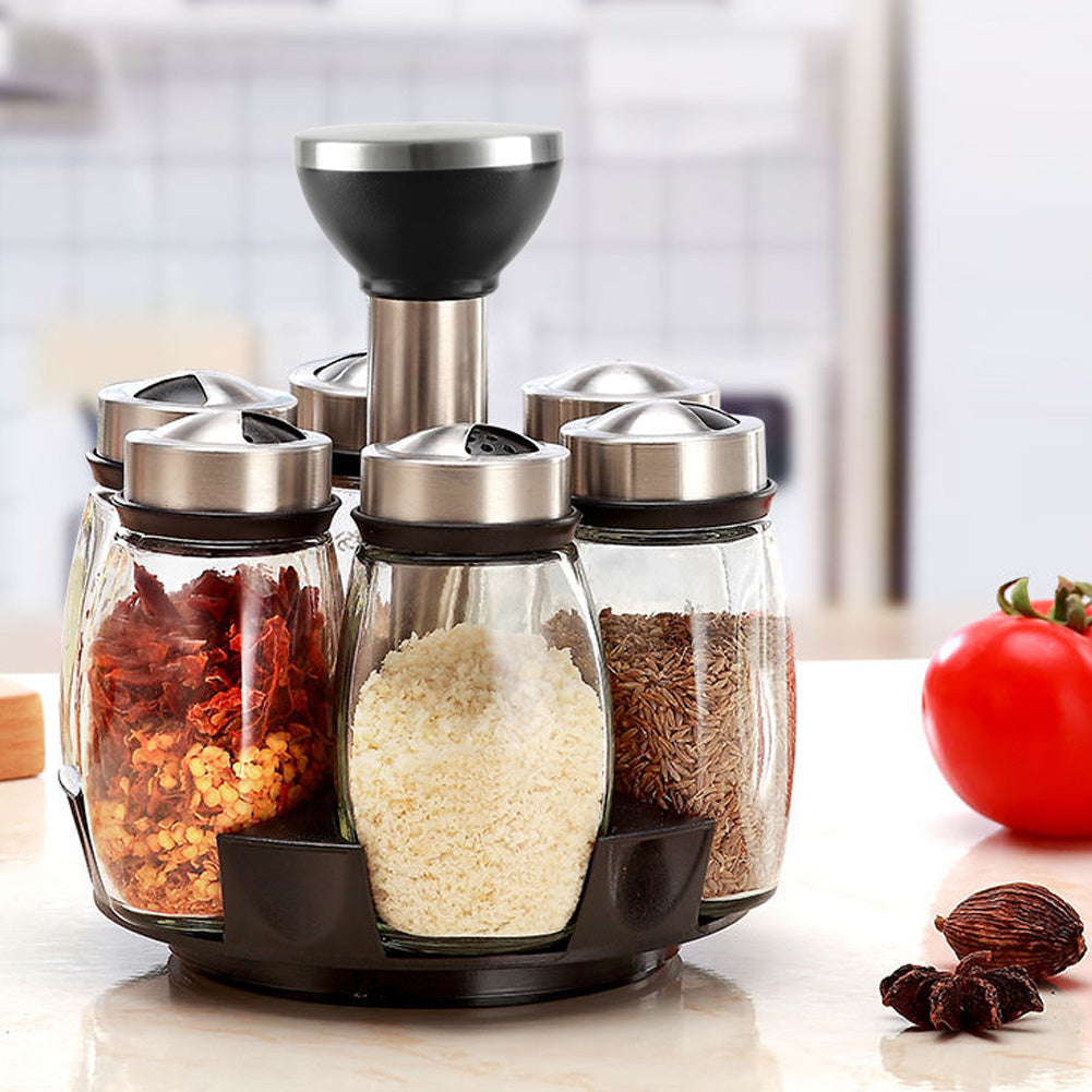 6-Jar Revolving Spice Rack Organizer Holder, Kitchen Countertop Seasoning Stand, Rotating Spice Rack with Stainless Steel Lid, Rotating Seasoning Organizer, Black