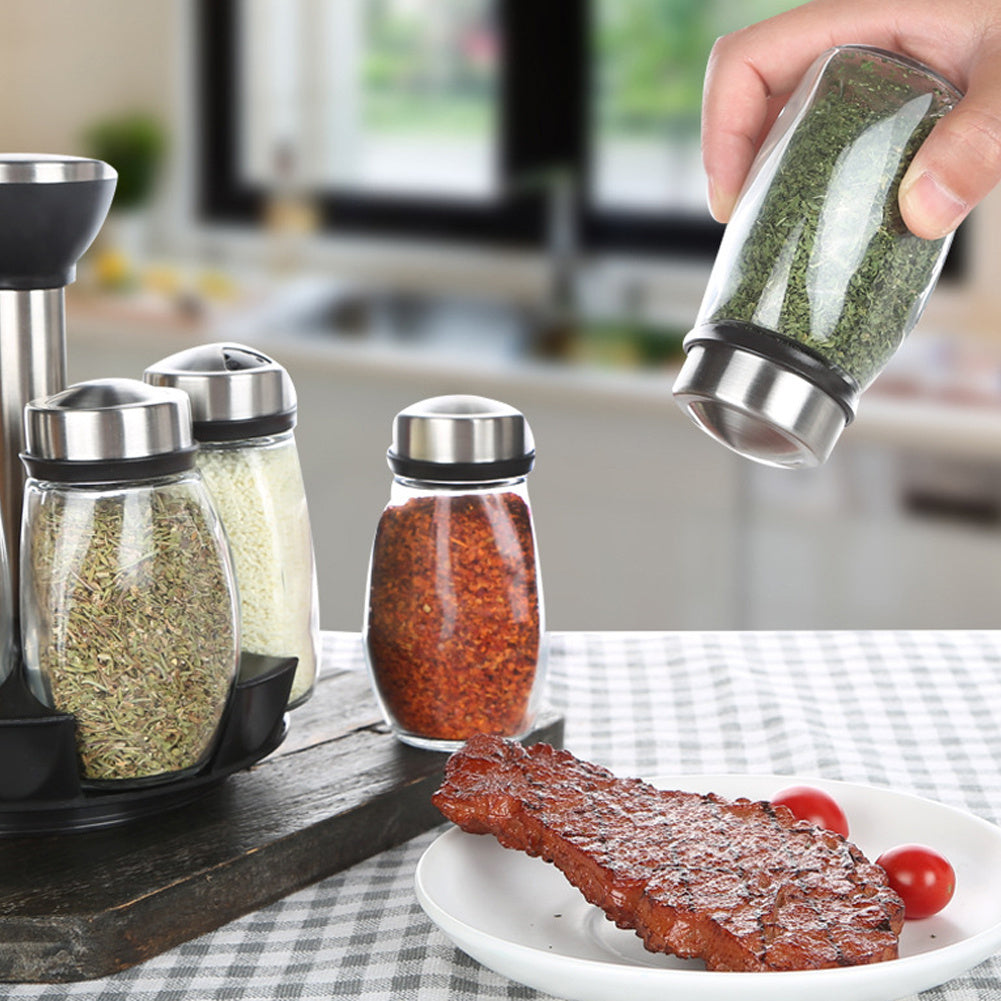 6-Jar Revolving Spice Rack Organizer Holder, Kitchen Countertop Seasoning Stand, Rotating Spice Rack with Stainless Steel Lid, Rotating Seasoning Organizer, Black