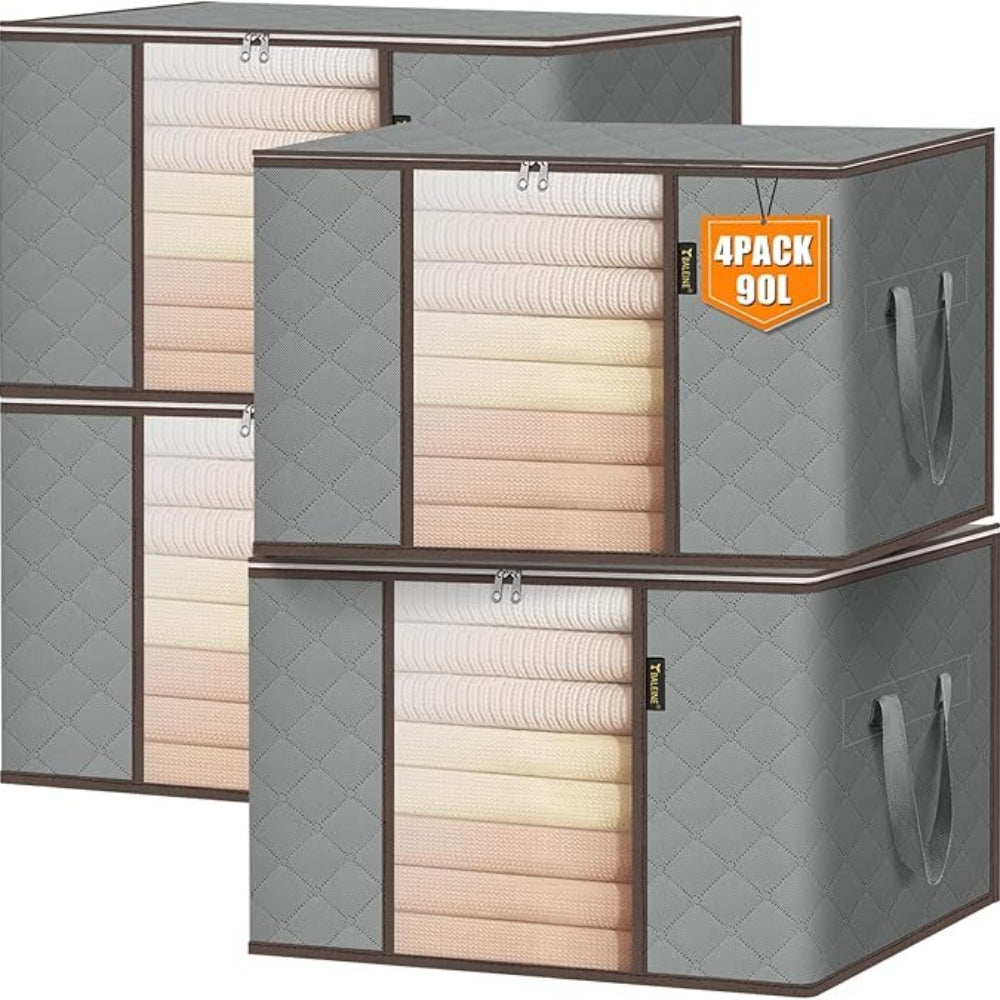 90L Large Capacity Folding Clothes Storage Trunks, 24 Gallon Storage Containers Bags with Reinforced Handle, Clear Window, Sturdy Zipper, Closet Organizer for Blanket, Comforter, Pillow, Bedding Organizer Bin Under-Bed Storag
