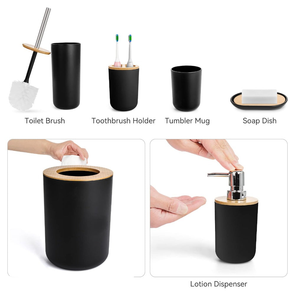 6pcs Bamboo Bathroom Accessories set, Luxury Bathroom Accessory Set Bathroom Bin And Toilet Brush Set Toothbrush Holder Tumbler Soap Dish Trash Can Soap Dispenser Bath Set Gift