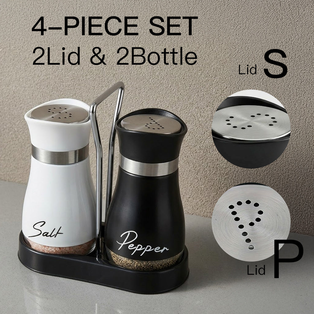 4-piece set (2 bottles + 2 caps) of adorable glass salt and pepper shakers. 4 oz (approx. 113.4g) glass salt and pepper shakers with stainless steel caps, suitable for kitchen dining tables, RVs, camping, and BBQs. Condiment