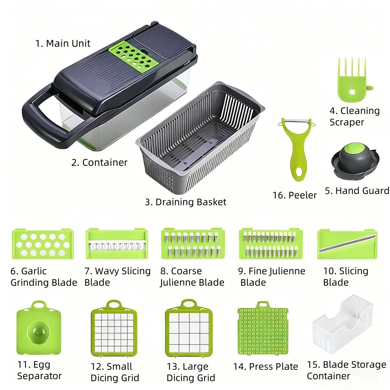 A Multifunctional 16-In-1 Food Chopper, Including a Vegetable Chopper, Onion Chopper, Vegetable Slicer, Dicer, And More, Equipped with 8 Blades, a Strainer Basket, And Containers for Salad, Potatoes, Carrots, And Garlic, Alon
