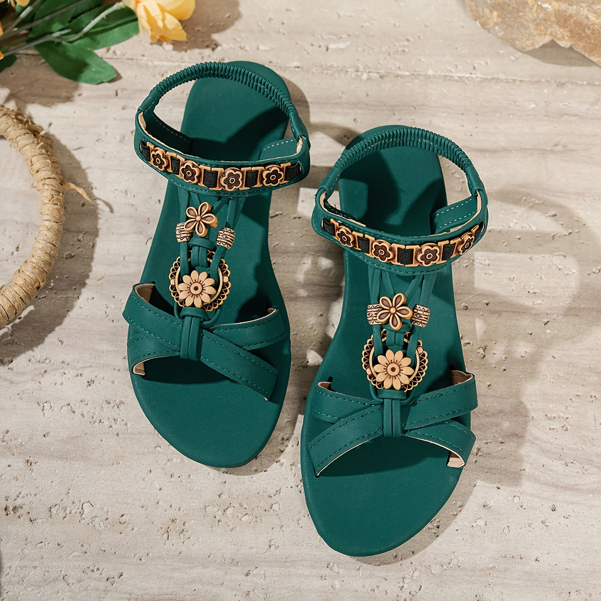Bohemian Ethnic Style Women's Shoes, Summer Outdoor Beach Sandals, Wear-Resistant, Comfortable, Shock-Absorbing, Open-Toe Rhinestone Women's Shoes, Women Shoes