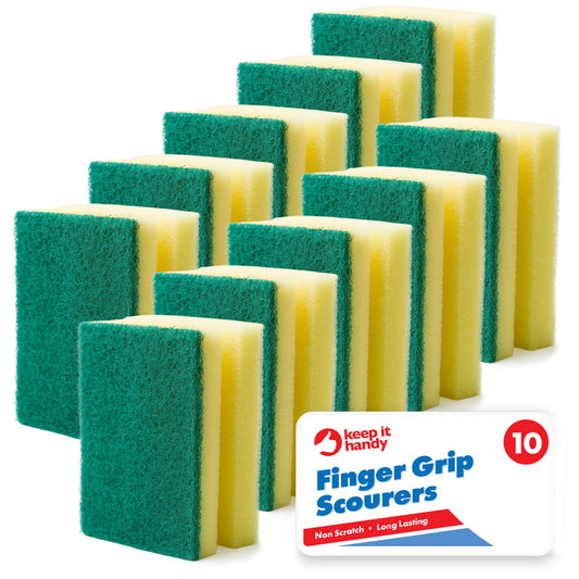 10 Pack Kitchen Scourers with Finger Grip | Heavy Duty Non-Scratch Sponges for Washing Up | Durable & Absorbent Dishwashing Sponges | Ergonomic Grip Cleaning Pads for Pots, Pans, Dishes & Household Surfaces