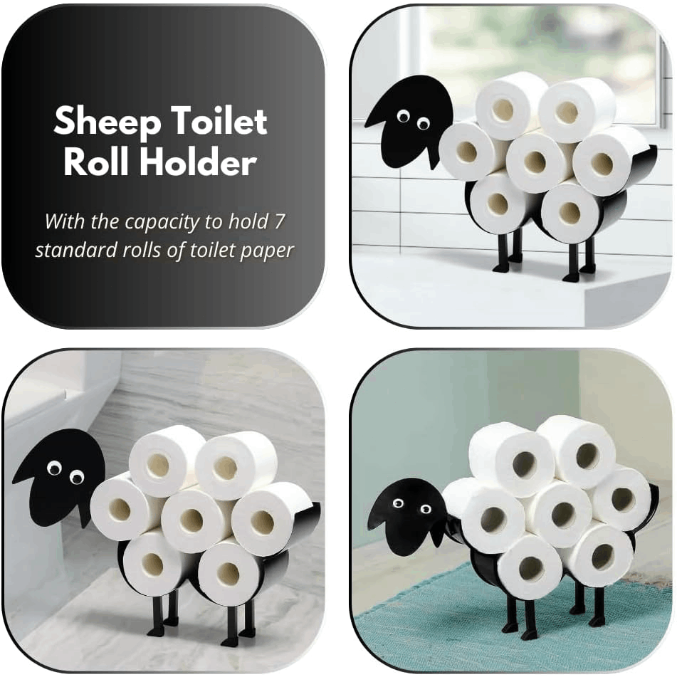 Novelty Sheep Toilet Roll Holder Free Standing Black Painted Metal Animal Shape Tissue Holder - Decorative Kitchen or Bathroom Accessories Indoor, Home Decor Storage Loo Roll Holder