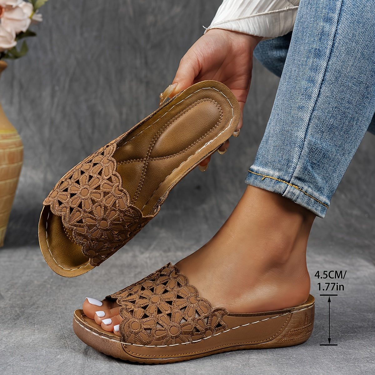 Ladies' Wedge Embroidered Sandals, Stylish And Casual Slip-On Shoes., Women Shoes
