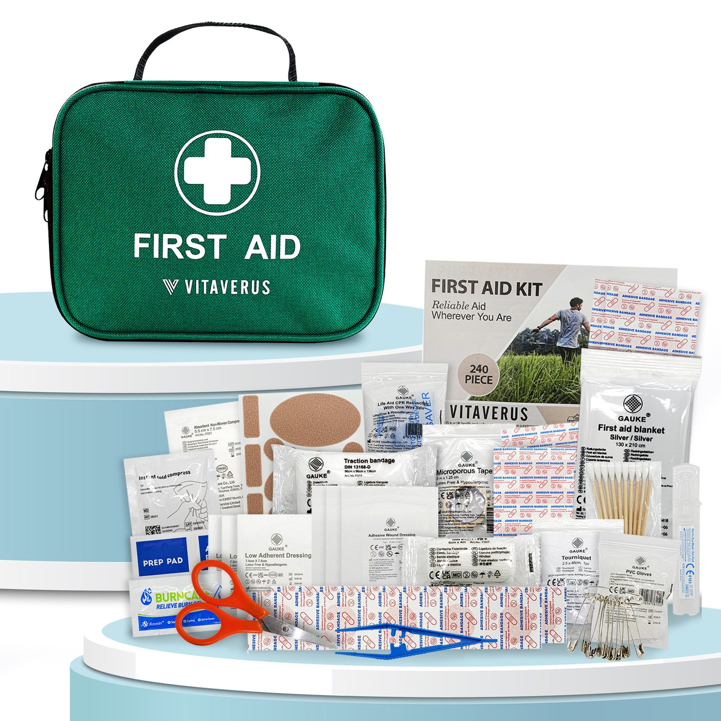 240 Piece Premium First Aid Kit Bag - Includes Eyecare, 2 x Cold (Ice) Packs, Plasters, Bandages, Wound Dressing Pads, Prep Pads, Eye Wash, Eye Pads, Burn Gel and Emergency Blanket for Home, Office, Car, Caravan, Workplace, T