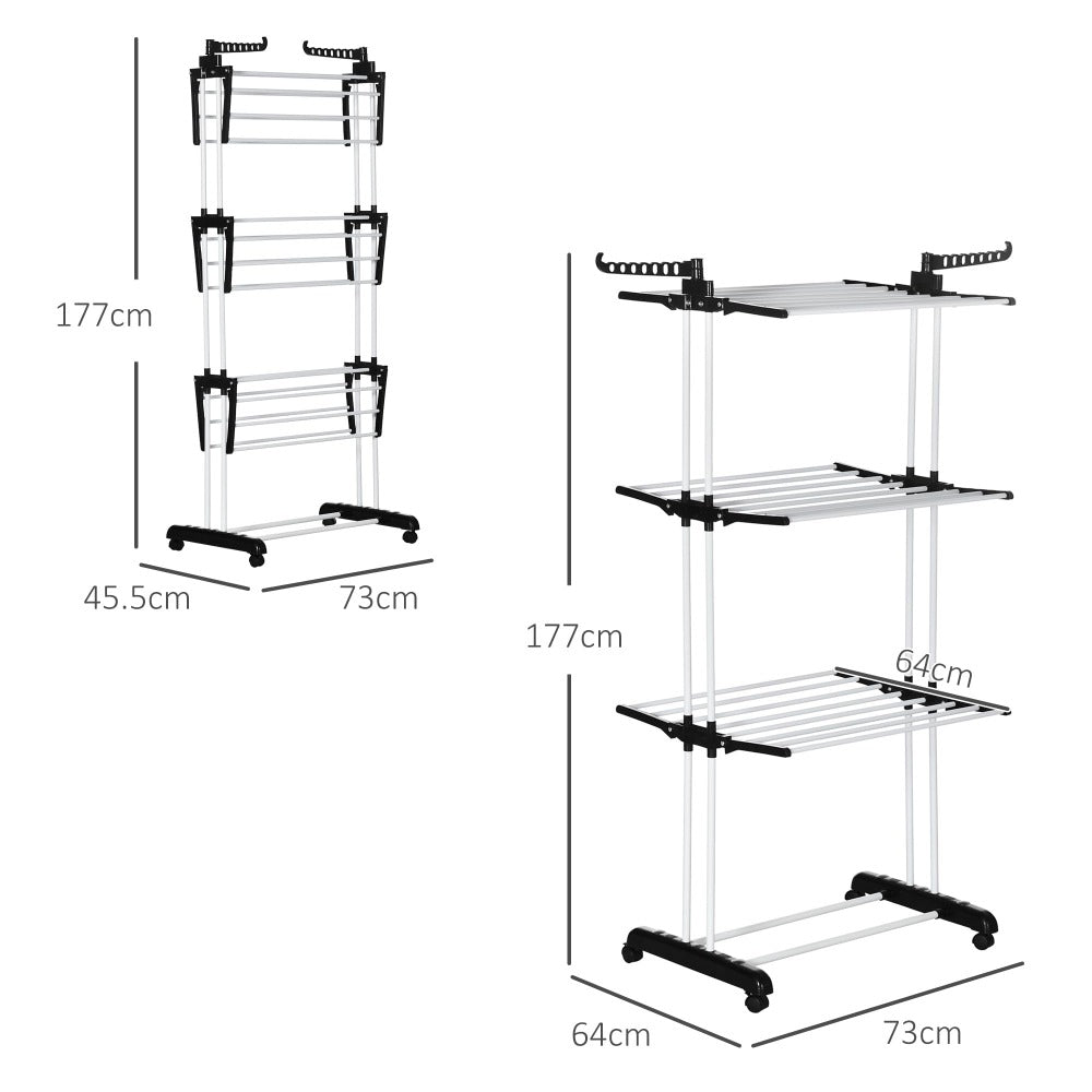 4 Tier Large Clothes Airer with Wings, Retractable Folding Drying Rack with Wheels for Indoor & Outdoor Use, 190 × 64 × 170 cm, Grey