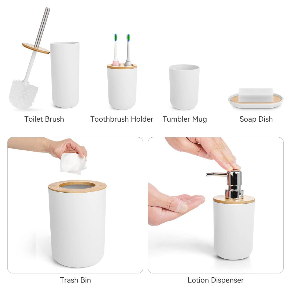 6pcs Bamboo Bathroom Accessories set, Luxury Bathroom Accessory Set Bathroom Bin And Toilet Brush Set Toothbrush Holder Tumbler Soap Dish Trash Can Soap Dispenser Bath Set Gift