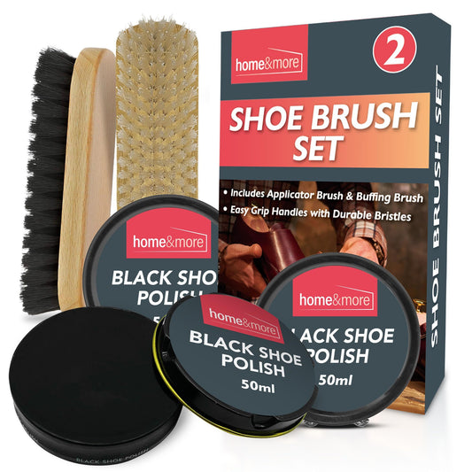 2 Pack Shoe Brush Set & 3 Tins Black Shoe Polish | Leather Boot Polish Kit with Soft & Stiff Brushes | Wax-Based Leather Care Kit for Cleaning, Conditioning, Shine & Scuff Covering | Formal Shoe & Boot Maintenance Set