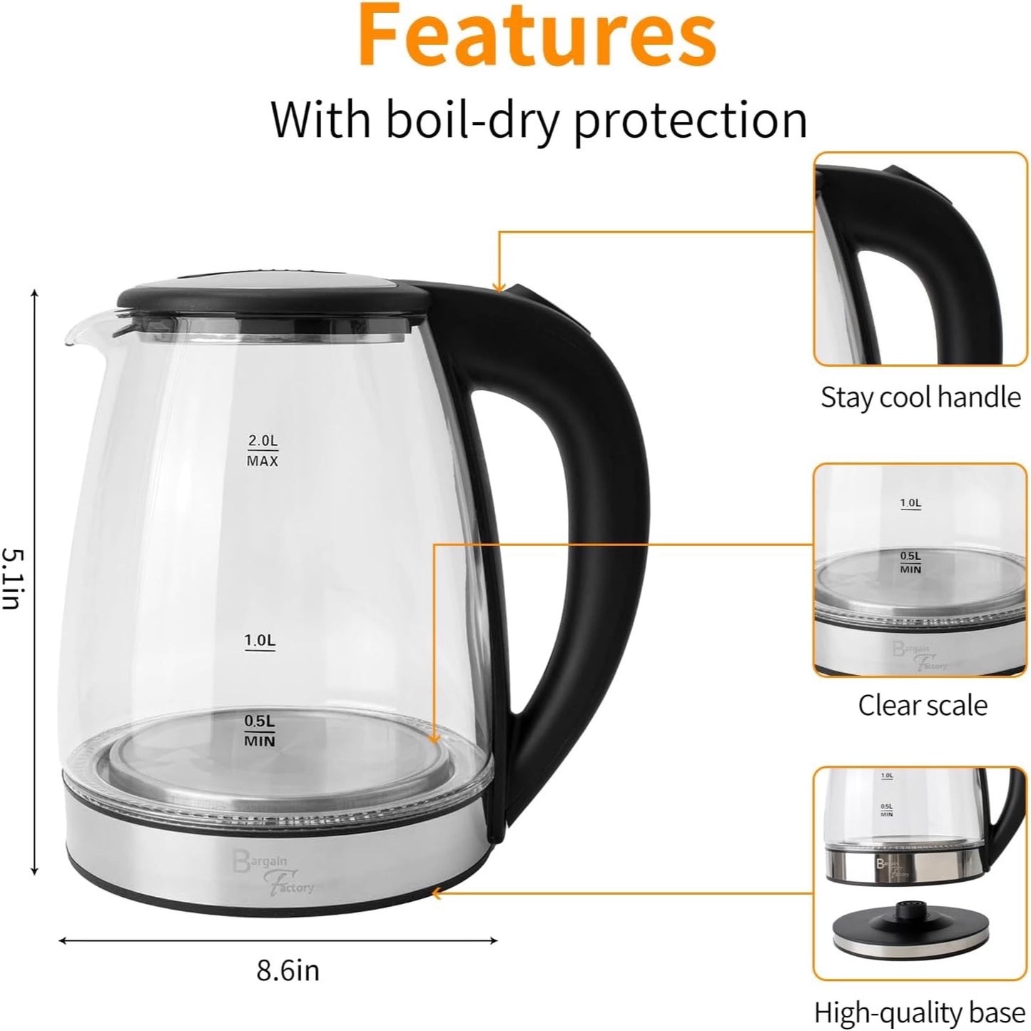 Electric Glass Kettle – 2L Fast Boil, Bpa-Free with Blue LED & Boil-Dry Protection