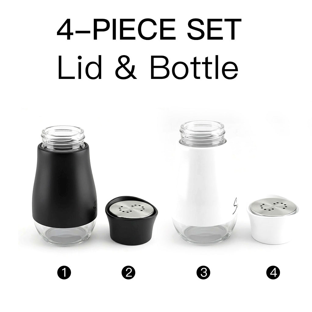 4-piece set (2 bottles + 2 caps) of adorable glass salt and pepper shakers. 4 oz (approx. 113.4g) glass salt and pepper shakers with stainless steel caps, suitable for kitchen dining tables, RVs, camping, and BBQs. Condiment