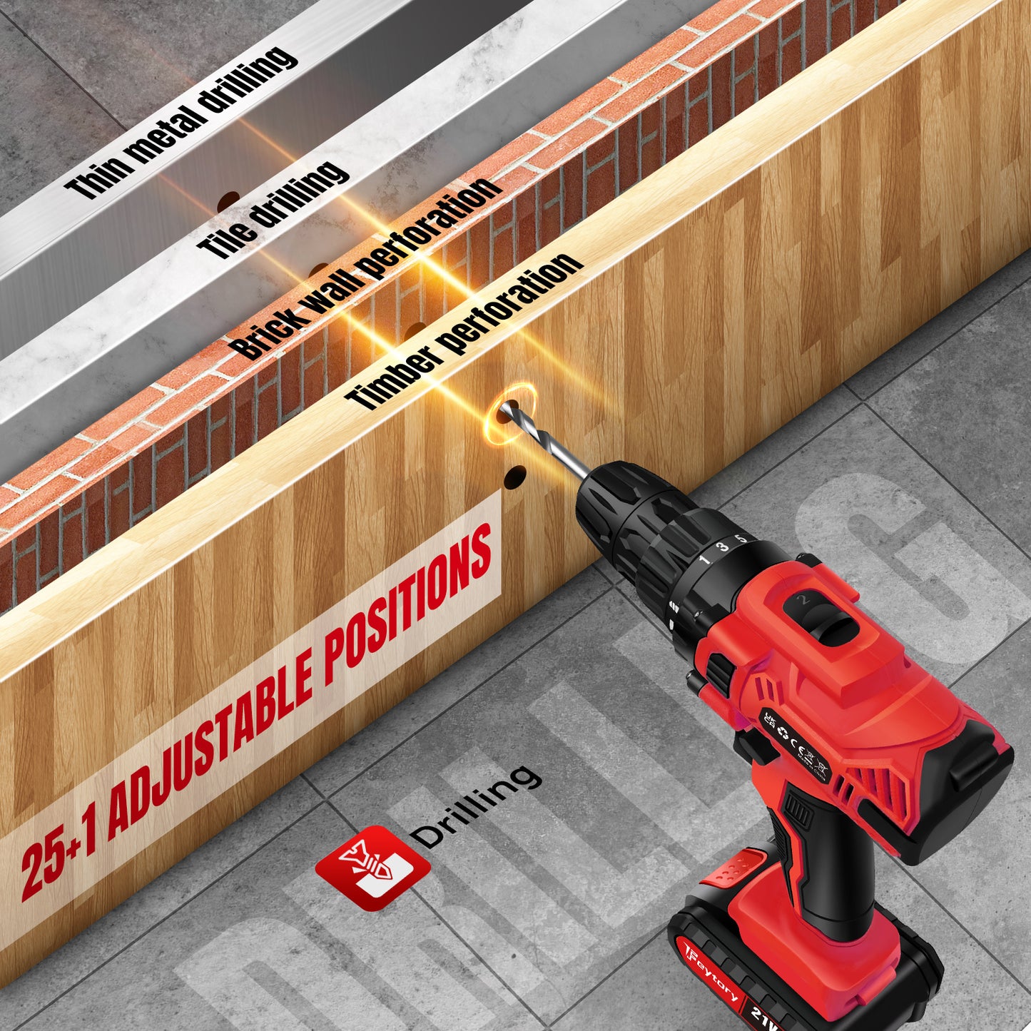 Cordless Drill Driver 21V, Electric Drill Kit with LI-ion Battery, Cordless Combi Screwdriver 25+1 Torque, 45N.m Max, 32pcs Accessory, 2 Variable Speed, LED Light for Home and Garden DIY Project 3/8" Keyless Chuck