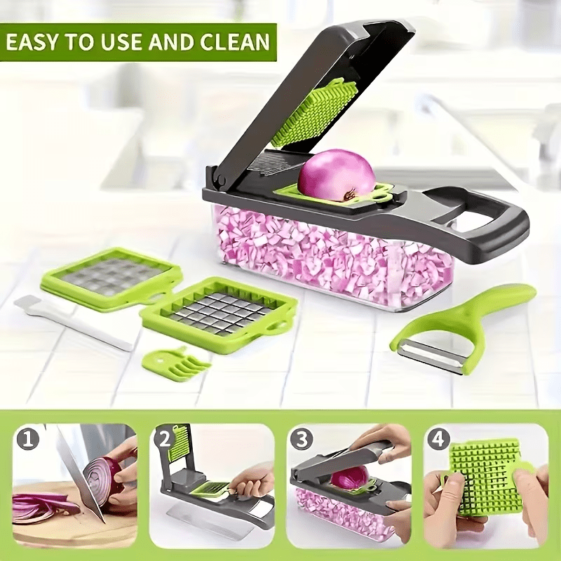 A Multifunctional 16-In-1 Food Chopper, Including a Vegetable Chopper, Onion Chopper, Vegetable Slicer, Dicer, And More, Equipped with 8 Blades, a Strainer Basket, And Containers for Salad, Potatoes, Carrots, And Garlic, Alon