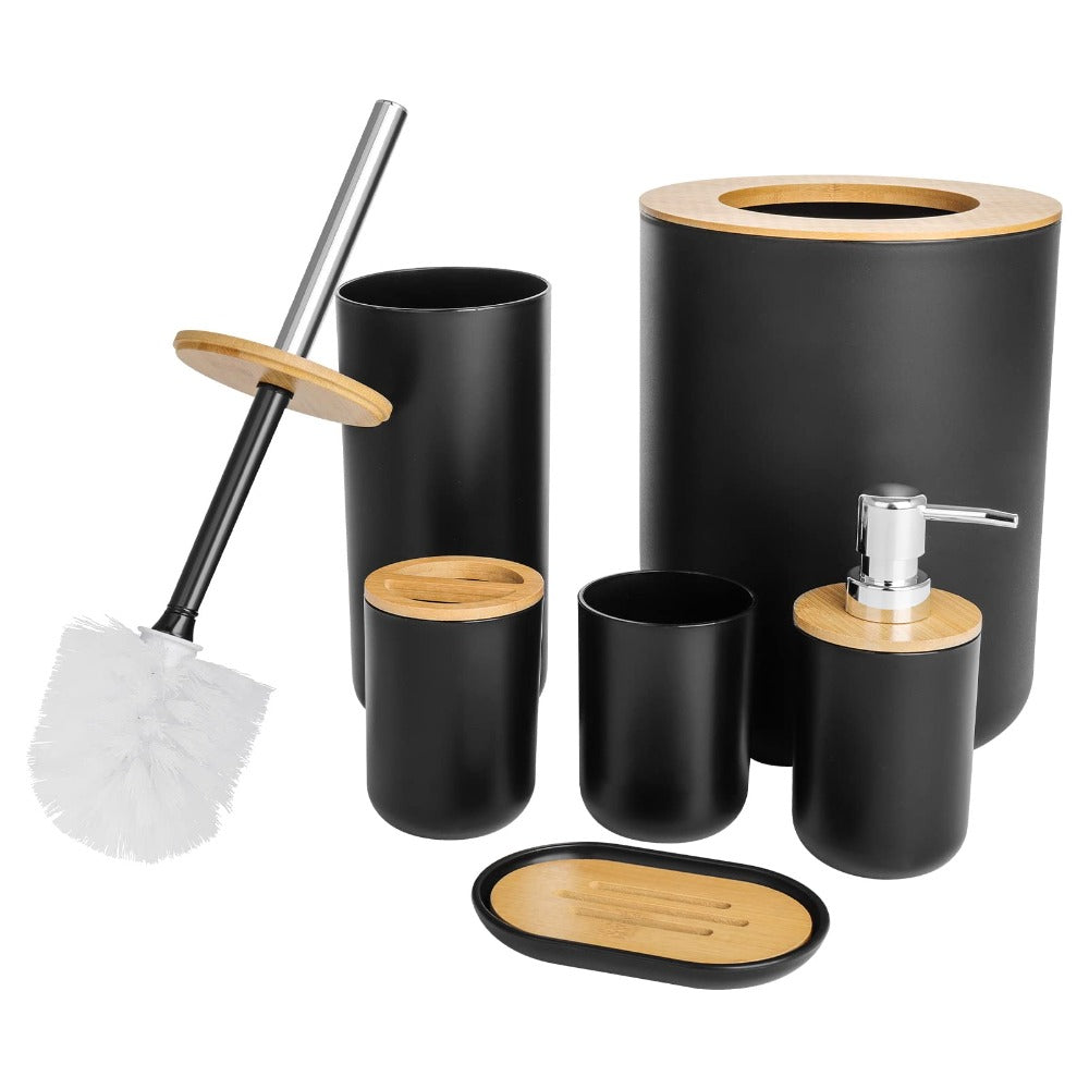 6pcs Bamboo Bathroom Accessories set, Luxury Bathroom Accessory Set Bathroom Bin And Toilet Brush Set Toothbrush Holder Tumbler Soap Dish Trash Can Soap Dispenser Bath Set Gift