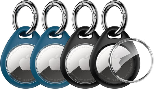 360° Protective Case for Airtag, [4-Pack] Airtags Keyring Holder, Scratch-Resistant, Lock Design, Keychain for Airtag, TPU Full Cover Case for Key, Bag, Luggage, Pet Collar (Black & Blue)