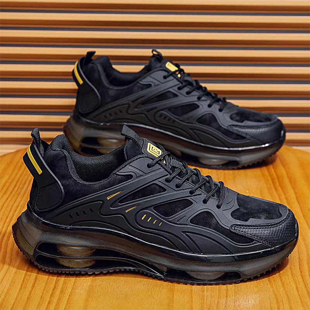 Men'S Fashion Low-Top Sneakers - Black with Yellow Accents, Breathable Fabric Upper, Cushioned Rubber Sole, Lace-Up Casual Shoes, Suitable for Outdoor and Everyday Wear, Comfortable in All Seasons, Hiking Shoes, Modern Athlet