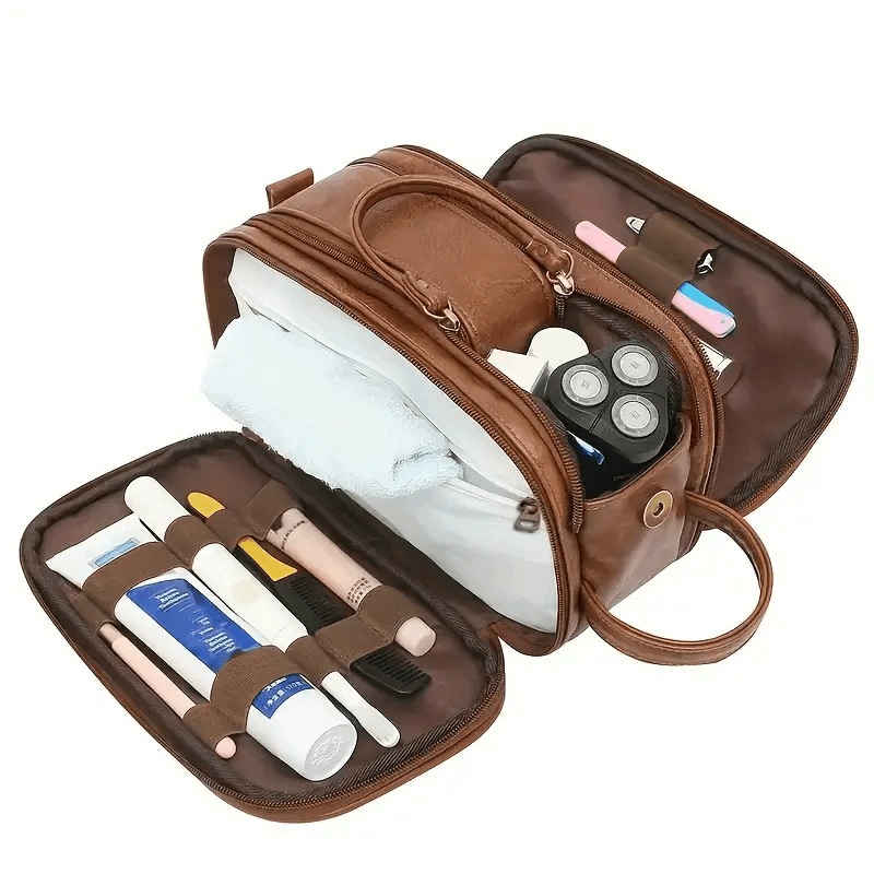 1pc Men's Multi Functional Genuine Cowhide Leather Toiletry Bag, Large Capacity Travel Bag, Retro Handbag For Men's Makeup Bag, Large Capacity Storage Bag