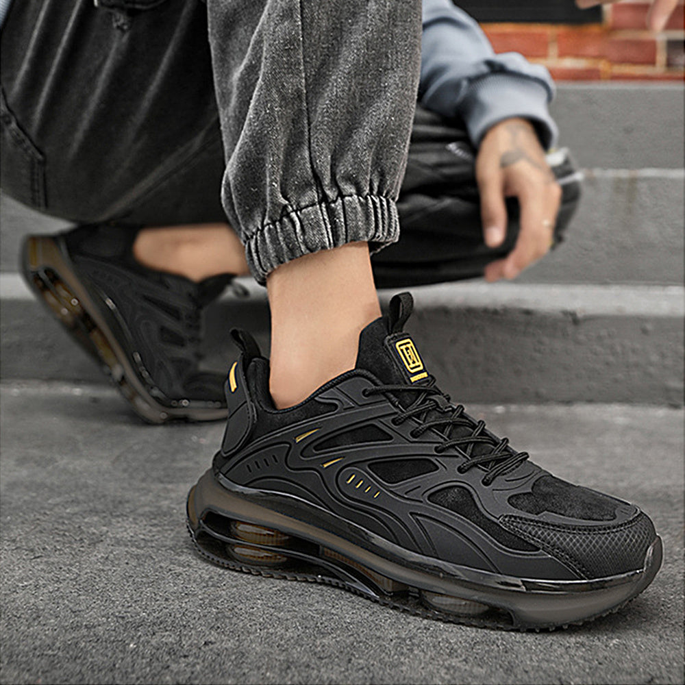 Men'S Fashion Low-Top Sneakers - Black with Yellow Accents, Breathable Fabric Upper, Cushioned Rubber Sole, Lace-Up Casual Shoes, Suitable for Outdoor and Everyday Wear, Comfortable in All Seasons, Hiking Shoes, Modern Athlet