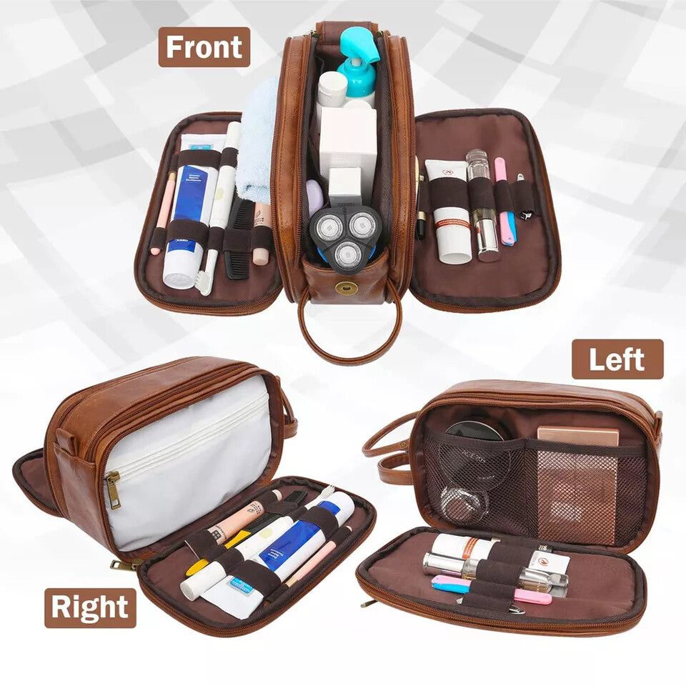 1pc Men's Multi Functional Genuine Cowhide Leather Toiletry Bag, Large Capacity Travel Bag, Retro Handbag For Men's Makeup Bag, Large Capacity Storage Bag